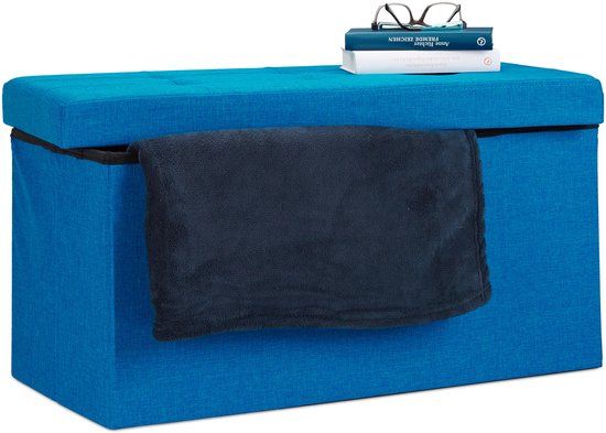 Merkloos Relaxdays Zitbank met opbergruimte - opvouwbaar - linnen - tot 300 kg - 85 l - blauw