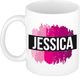 Bellatio Decorations Shoppartners Bv Jessica naam cadeau koffie mok - beker - met roze verfstrepen - Cadeau collega - moederdag - verjaardag - juf - coach - 300 ml - wit