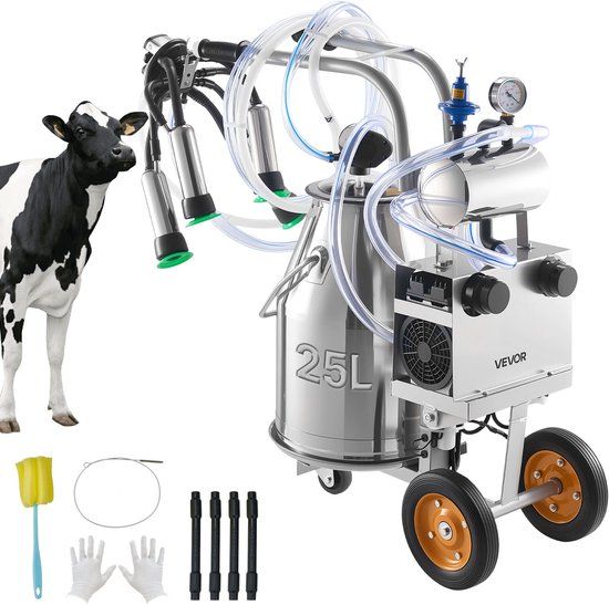 VEVOR Elektrische Koeienmelkachine, 6,6 Gal / 25 L 304 Edelstahl Eierkraterr, Voedingsgrade Teekopjes en Silicongeheug, Sterke Zuigkracht, Vacuum Pulsatie, Elektrische Melkachine met Rijwielen voor Koeien