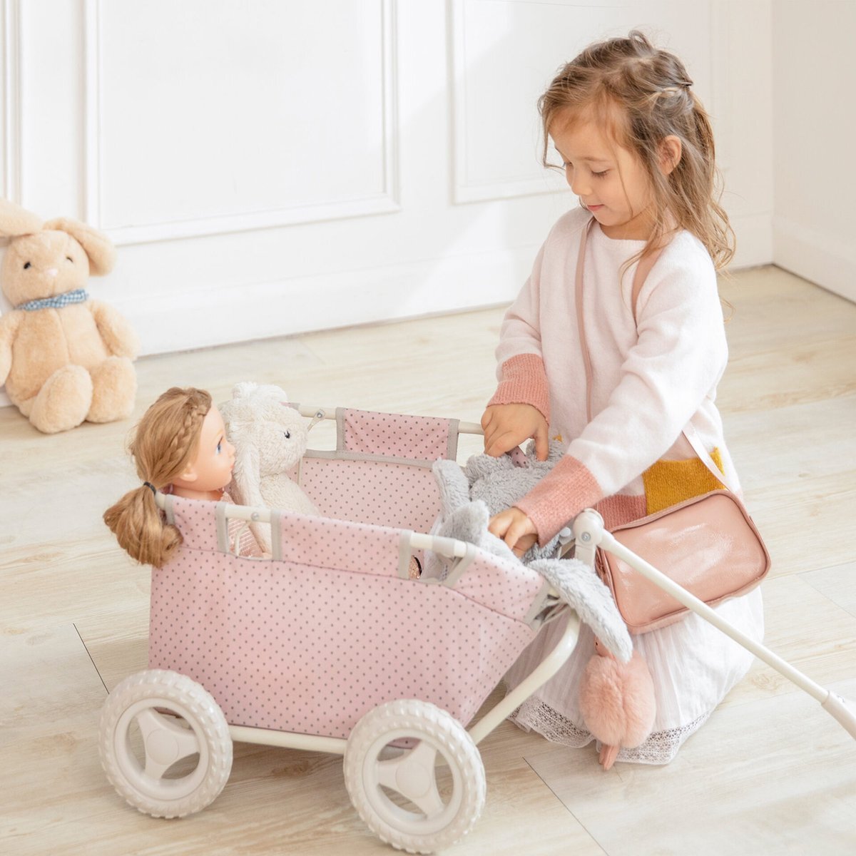 Olivia's Little World Poppenwagen Roze stip wandelwagentje met stippen/poppenwagen- OL-00007