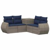 vidaXL Bankstel 2 zitplaatsen Grijs en Marineblauw Poly Rattan en Staal
