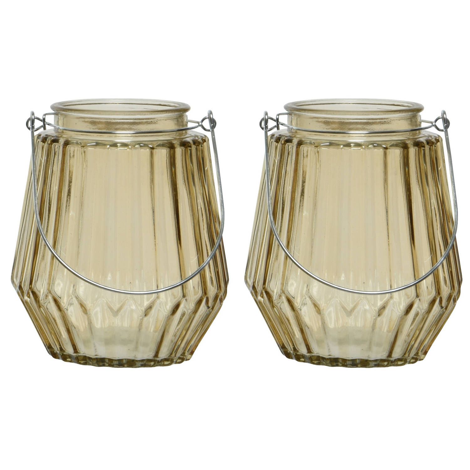 Decoris 2x Theelichthouders Streepjes Glas Taupe 11 x 13 cm