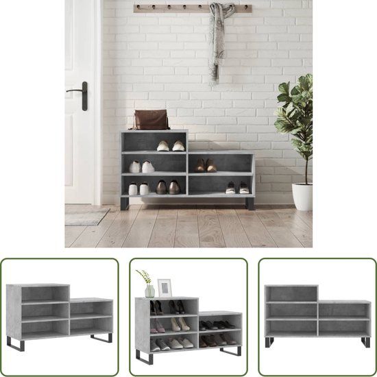 The Living Store Schoenenkast - Betongrijs - 102x36x60 cm - 10 paar schoenen - Hout