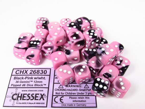 Chessex dobbelstenen set 36 6-zijdig 12 mm Gemini black-pink w/white