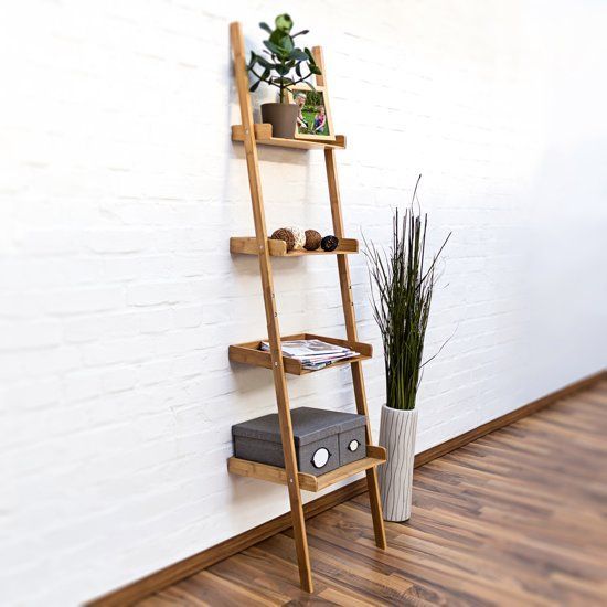 Relaxdays Ladderrek Bamboe Rek 4 Planken Trappenrek Wandrek Houten Rek