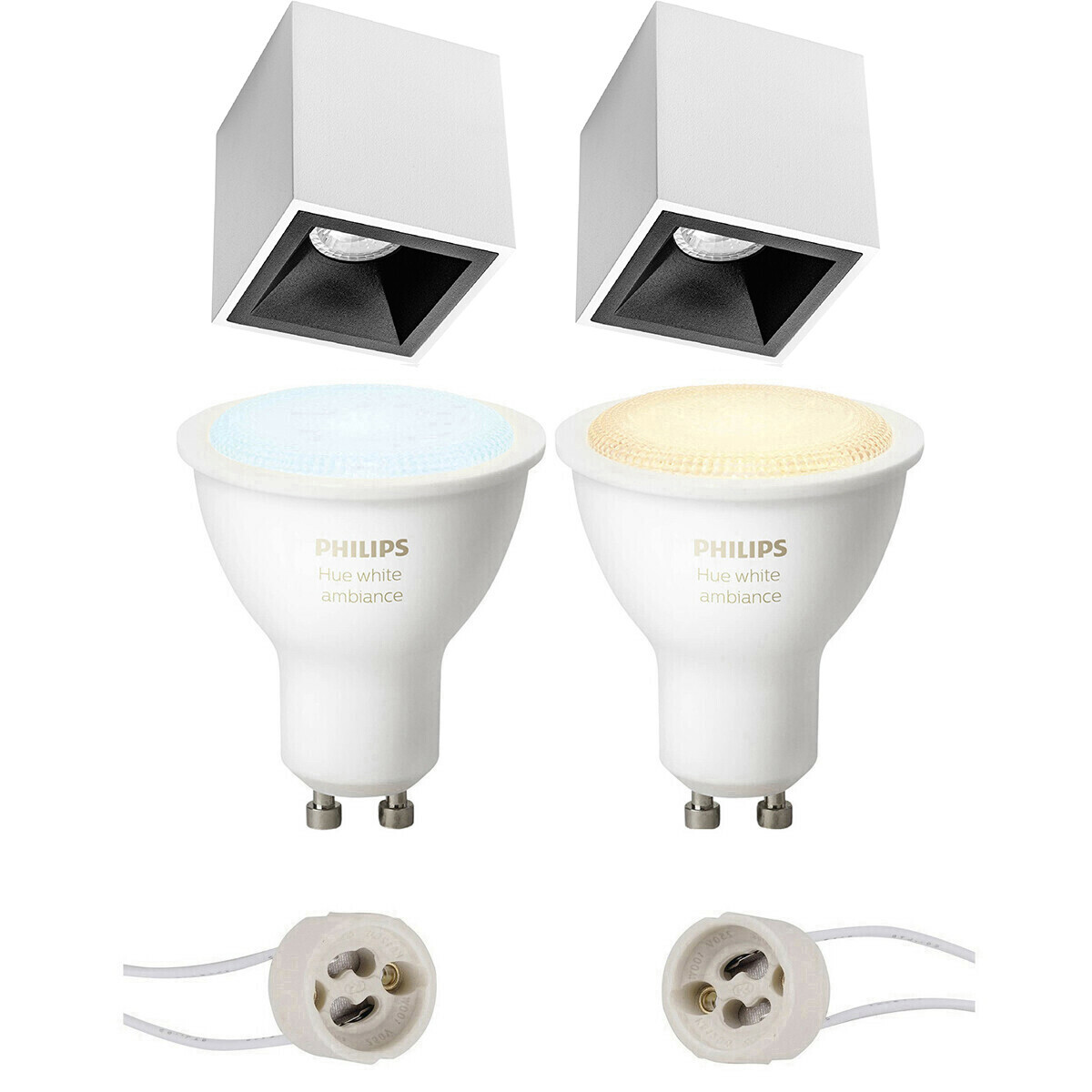 BES LED Pragmi Cliron Pro - Opbouw Vierkant - Mat Wit/Zwart - Verdiept - 90mm - Philips Hue - Opbouwspot Set GU10 - White Ambiance - Bluetooth