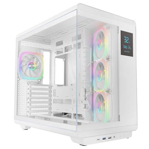 Mars Gaming MC-REVPRO, ATX PC-Behuizing, LCD-Scherm 4,3", Continu Tempered Glas, 4 PWM ARGB-Ventilatoren, Vloeistofkoeling tot 360mm, Compatibel met Moederborden Omgekeerde Connector, USB-C, Wit