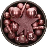 Bellatio Decorations Shoppartners Bv Set van 33x stuks kunststof/plastic kerstballen met ster piek oudroze (velvet pink) mix - Onbreekbaar - Kerstversiering/kerstboomversiering