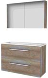 Basic Line Comfort 39 Badkamermeubelset - Ondiep - 100 x 39 cm - Met Grepen - 2 Lades - Acryl Wastafel - 2 Kraangaten - Spiegelkast - Scotch Oak