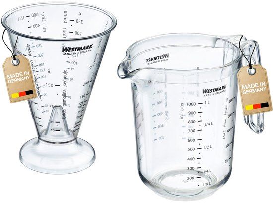 Westmark Set, 2 delen: 1 maatkan + 1 maatbeker met fijne meetkegel, meertalig en met verschillende maateenheden, volume: 0.5 + 1 liter, Gerda, plastic, transparant