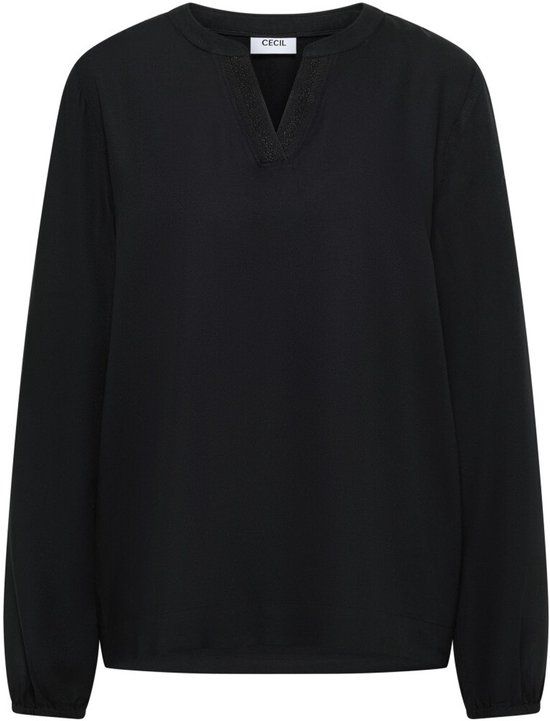 Cecil Vrouwenblouse Deco Zwart Effen V-hals Lange Mouw Regular Fit Casual