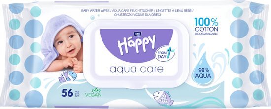 Bella Baby Happy Wet Wipes Aqua Care (56 stuks-1 Pak), bestaat uit 99% water, met watermeloenextract, 100% katoen