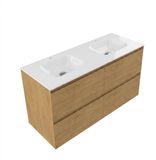 Saniclass Holz Pure Badkamermeubelset - 120x45x61.5cm - Flow solid surface wastafel wit - 2 wasbakken - 2 kraangaten - 4 lades - mat eiken natural