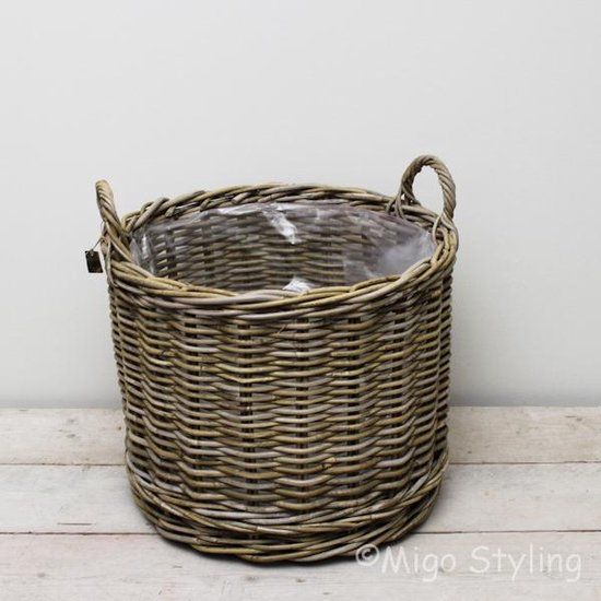 Migo Styling Houtmand - Rond - Riet - Grijs - Opbergmand met Wielen - Ø 48cm
