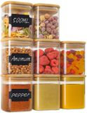 Set de 8 bocaux de stockage en verre avec couvercles en bois - 500 ml - Carré et empilable