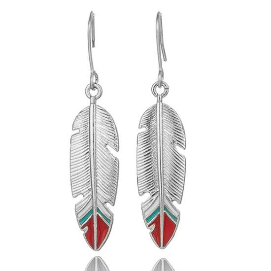 Deja Jewels Lookinggoodtoday Lange zilverkleurige oorbellen veer met rode en turquoise details