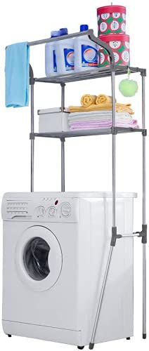 BAOYOUNI Opbergrek voor Boven Wasmachine 2 Laags Metaal Toiletrek WC-Rek Ruimtebesparend Badkamerrek Opbergplank met Haak, Multifunctioneel, Eenvoudige Montage, 68 x 49,5 x 173 cm, Grijs