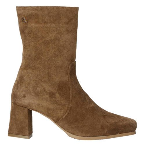 Babouche Fieke-2 suède enkellaarzen met blokhak - cognac