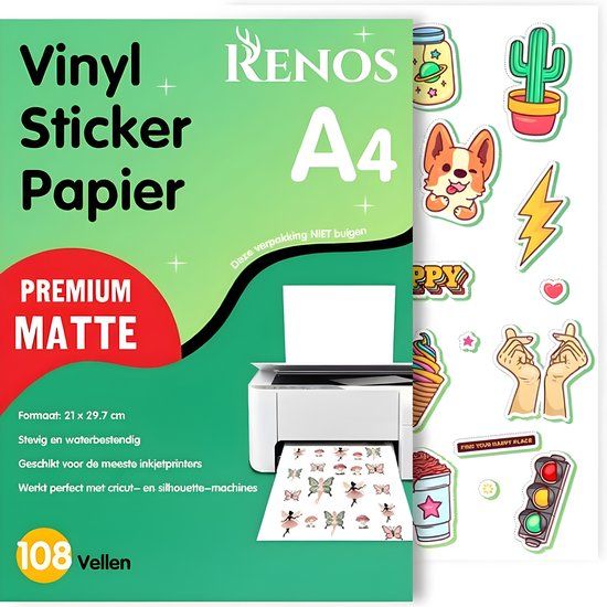 Renos 108 Matte Vinyl Stickervellen A4 – Waterbestendig Stickerpapier voor Inkjet & Laser Printer - Geschikt voor Snijmachines