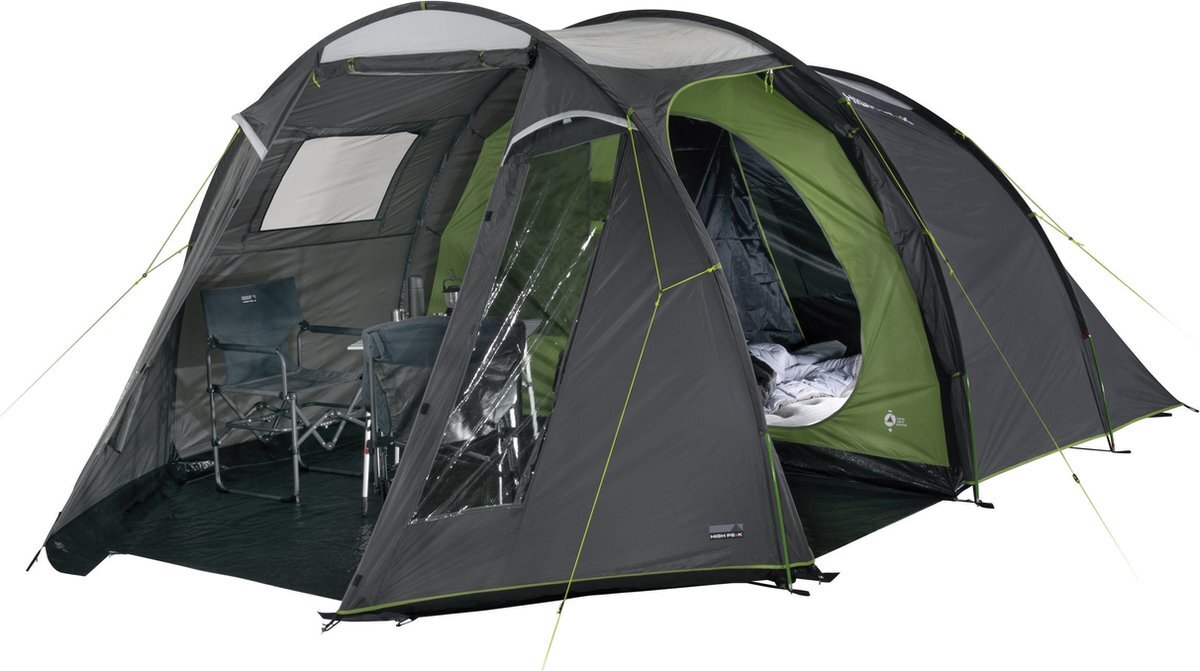 High Peak tunneltent Ancona 5.0, 5 persoons camping tent met leef- en bergruimte, wegneembaar grondzeil, heldere PVC vensters met gordijnen, muggengaasvenster, ruime festivaltent met 200 cm stahoogte, familietent met 2 ingangen, dubbeldaks