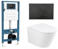 QeramiQ Dely Toiletset - inbouwreservoir Qeramiq Flush - 35mm zitting - kunststof mat zwarte bedieningsplaat - ronde knoppen - glans wit