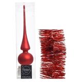 Decoris Kerstversiering glazen piek mat 26 cm en folieslingers pakket rood van 3x stuks - Kerstboomversiering