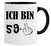 Mok voor verjaardag met grappige spreuk en kater met stinkvinger - Ich bin 59+ - mok als grappig cadeau/grappige en originele geschenken/thee-koffiemok incl. geschenkdoos