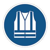 Verplichte Mandatory NF ISO7010 Sticker - Round, Laminated, Water & UV Resistant - High Visibility Safety Vest Required, 35cm Diameter
