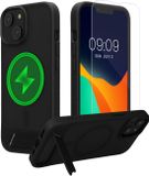 kwmobile Coque pour Apple iPhone 13 / iPhone 14 - Compatible MagSafe - Coque avec béquille et protection d'écran en verre trempé - noir / mat transparent