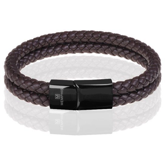 Memphis Dubbele Leren Armband Donkerbruin/Zwart - 23cm