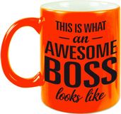 Bellatio Decorations This is what an awesome boss looks like - tekst cadeau koffiemok - De Baas beker - 300 ml - neon oranje