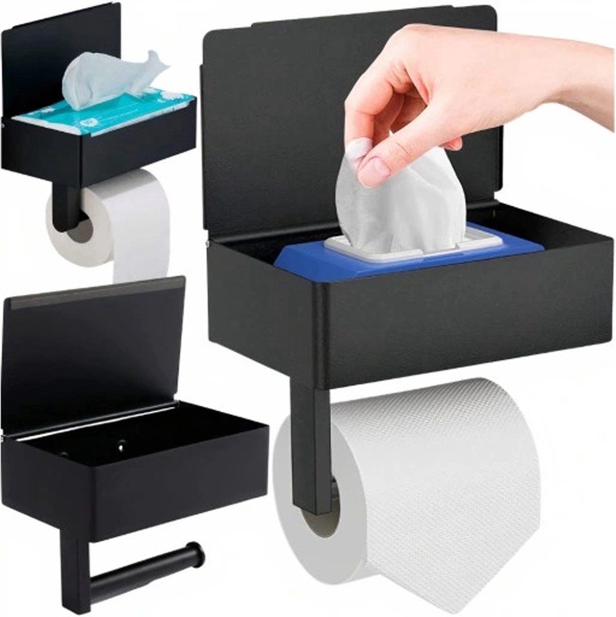 Framehack Toiletrolhouder - Plankje & Bakje - Zwart - RVS - Zelfklevend of Borend