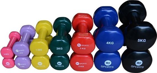 RS Sports Dumbellset Compleet - Dumbells vinyl - Set bestaande uit: 2x 0 5 kg 2x 1 0 kg 2x 1 5 kg 2x 2 kg 2x 3 kg 2x 4 kg en 2x 5 kg - Diverse kleuren