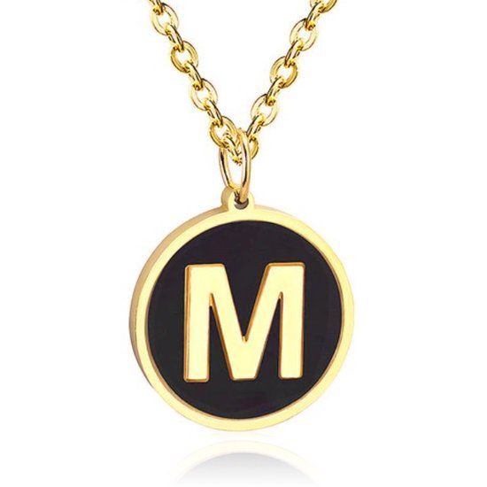 Cilla Jewels Lookinggoodtoday Goudkleurige Dames Schakelketting met Zwarte Kettinghanger Letter M
