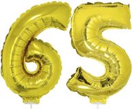 Merkloos / Sans marque Espa Nv 65 jaar leeftijd feestartikelen - versiering cijfers - ballonnen op stokje - van 41 cm - Combi van cijfer 65 - in het goud
