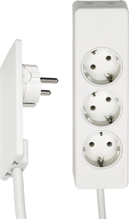 Evoline Plug - Platte stekker met stekkerdoos - Wit - 3-voudig - Zonder aarde