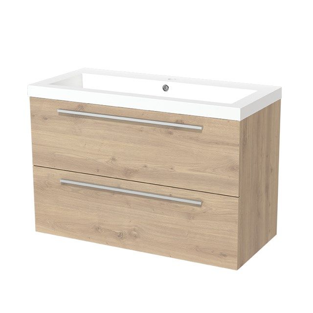 Maxaro Badkamermeubel 100cm Modulo Lichtbruin Eiken 2 lades Vlak Wastafel Mineraalmarmer