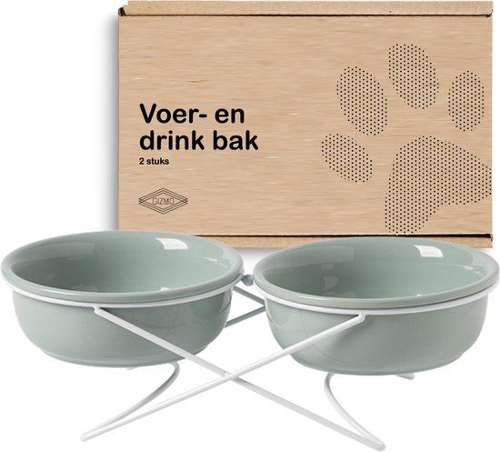 GIZMO Voerbak Hond Dubbel - Lichtgroen - 2x Keramische Drink- & Voerbakken met Standaard - 17.5 cm - 800ML