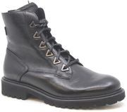 Durea 9838 Veterboots Dames Zwart Leer Suède Suède Rubber Ronde neus Blokhak 0-2 cm Halfhoog E