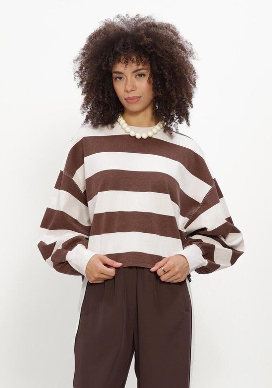 Catwalk Junkie Oversized Striped Long Sleeve Tops & T-shirts Dames - Shirt - Bruin - Maat 40