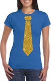 Bellatio Decorations Shoppartners Bv Blauw fun verkleed t-shirt - met stropdas - in glitter goud - dames - korte mouwen S