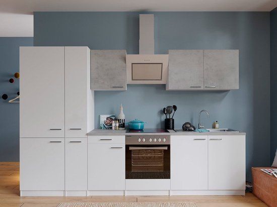 Complete Kitchen 300 cm Malia - White/Concrete - Soft Close - Ceramic Hob - Extractor Hood - Oven - Sink