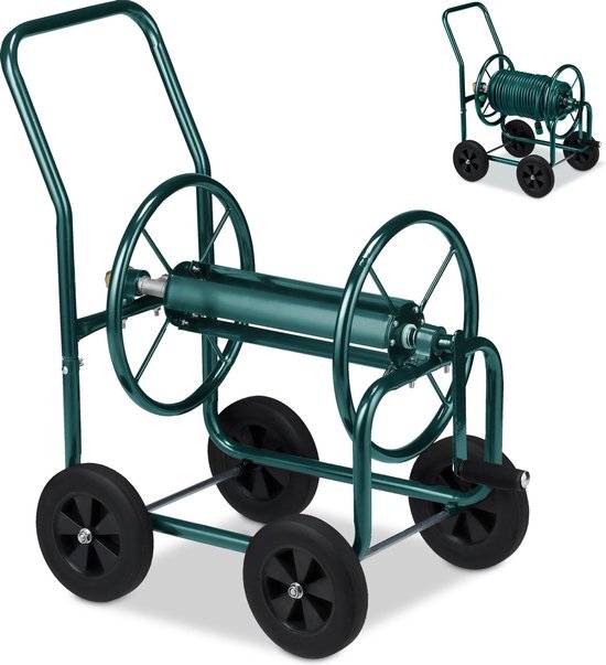 Relaxdays Slangwagen, 1/2 inch & 3/4 inch aansluiting, tot 60 m slang, stabiel, 4 rubberen wielen, metalen slanghaspel, groen