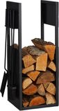 Relaxdays Brandhoutrek met haardset, metaal, HBD: ca. 76,5x36x30 cm, zwart