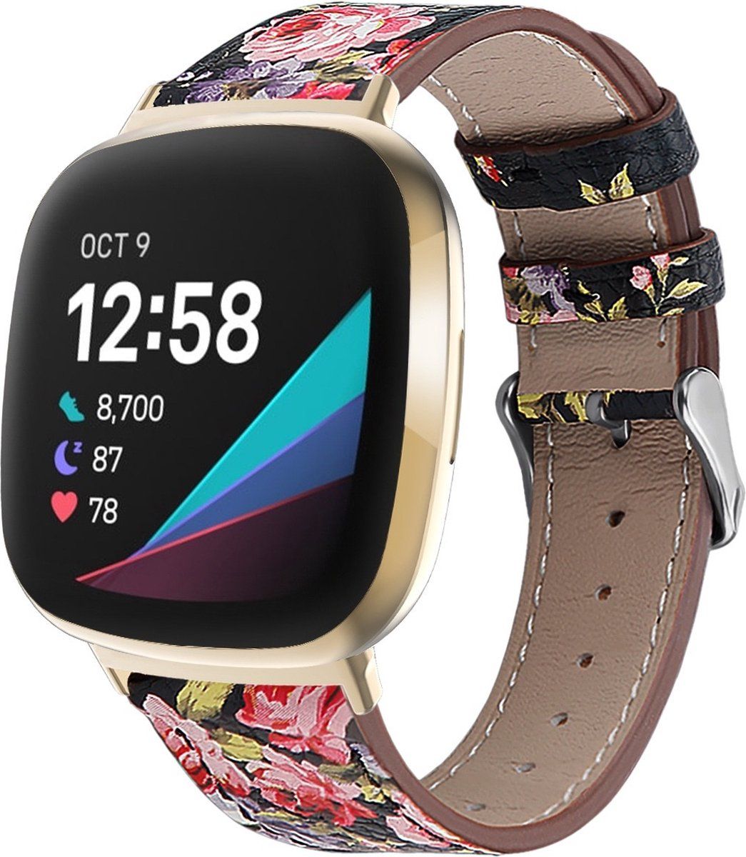 Qubix Compatible Fitbit Versa 3-4 & Sense 1-2 leren bandje - Bloemenprint - Smartwatchbandje