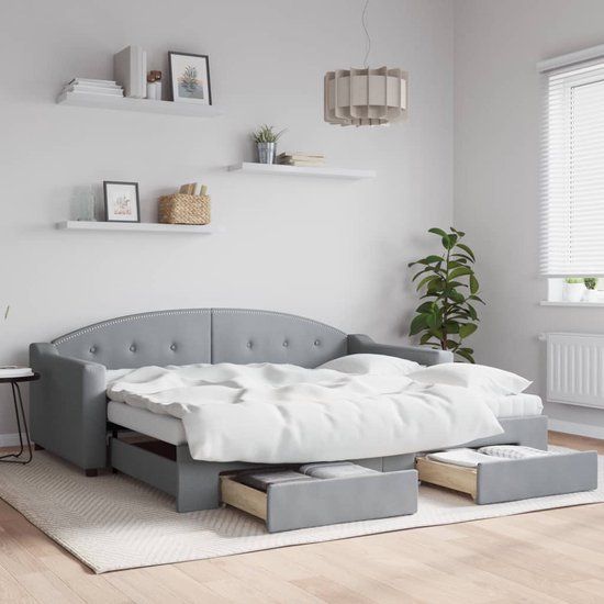 vidaXL Slaapbank met onderschuifbed en lades 90x190 cm stof lichtgrijs