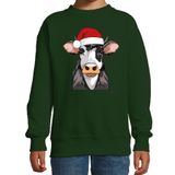 Bellatio Decorations Kersttrui / sweater boerderijdieren - kinderen - Koe - groen - kerstmuts - Kerstmis 134/146
