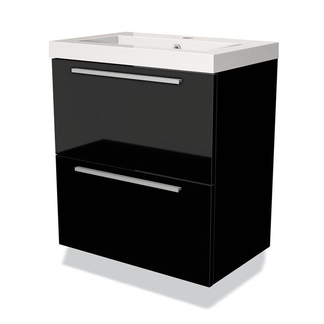 Maxaro Badkamermeubel 60cm Modulo Slim Hoogglans Zwart 2 Lades Vlak Wastafel Mineraalmarmer