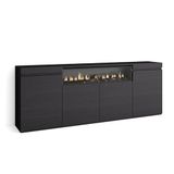 Skraut Home | Dressoir, Highboard, Commode, Comodekast | 200x75x35cm | 4 Deuren | Elektrische Open Haard | Moderne Stijl | Zwart