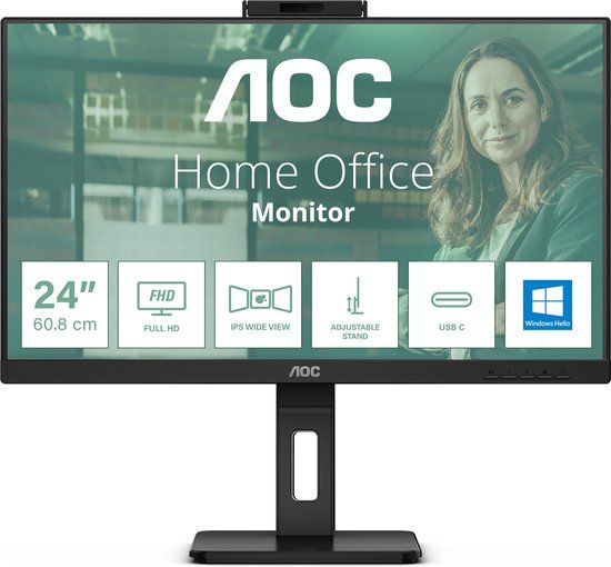 AOC 24P3CW 23.8 inch Monitor - IPS, 1920 x 1080, 75 Hz, HDMI, Speakers, Webcam, Adjustable